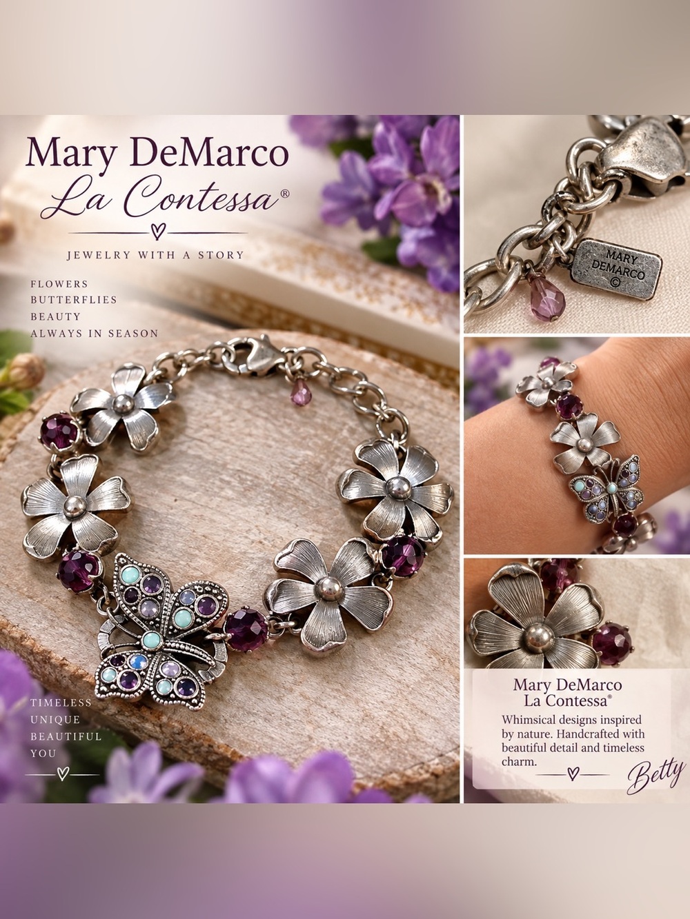 Mary DeMarco La Contessa Floral Butterfly Bracelet Purple Crystal Silver Tone